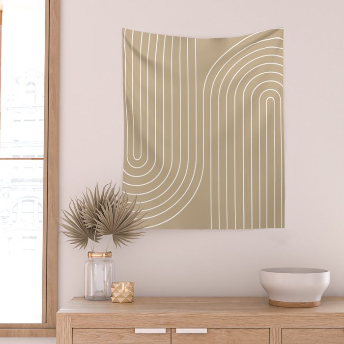 Minimal Line Curvature LXXXV Neutral Tan Mid Century Modern Arch Abstract Wall Tapestry Gallery Image 2