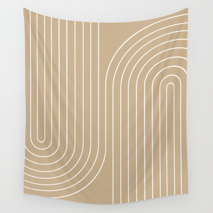Minimal Line Curvature LXXXV Neutral Tan Mid Century Modern Arch Abstract Wall Tapestry Gallery Image 1