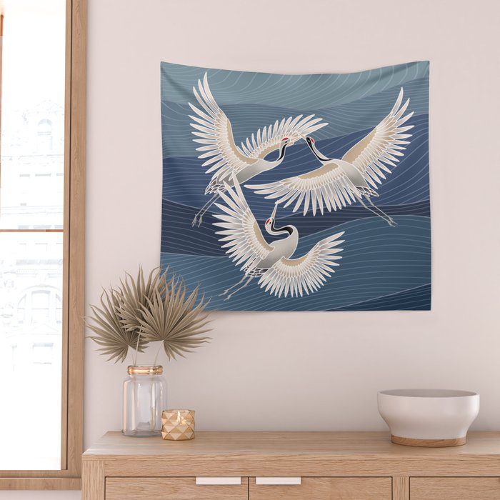cranes, asian style art Wall Tapestry Gallery Image 2