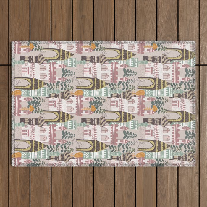 Block print Home pattern earthy colors Outdoor Rug Gallery Image 1