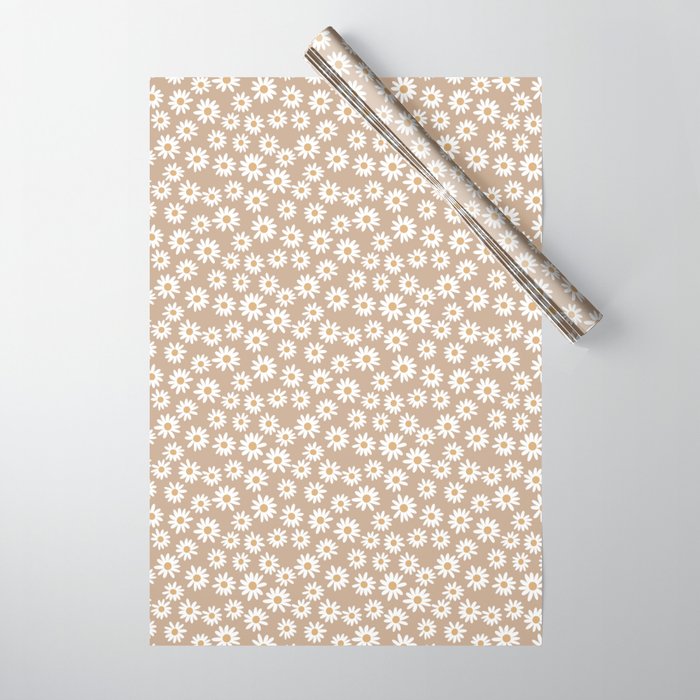 Daisies - daisy floral repeat, daisy flowers, 70s, retro, black, daisy florals camel brown Wrapping Paper Gallery Image 1