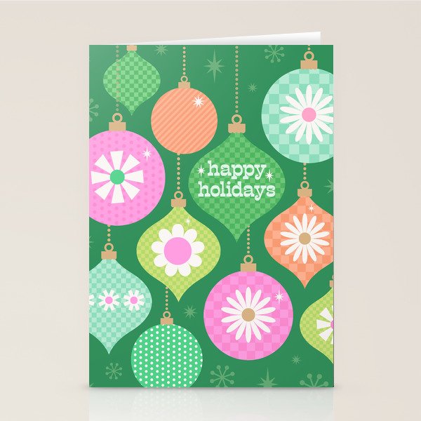 Happy Holidays Retro Ornaments - Multi-Pink on Green Stationery Card Gallery Image 1