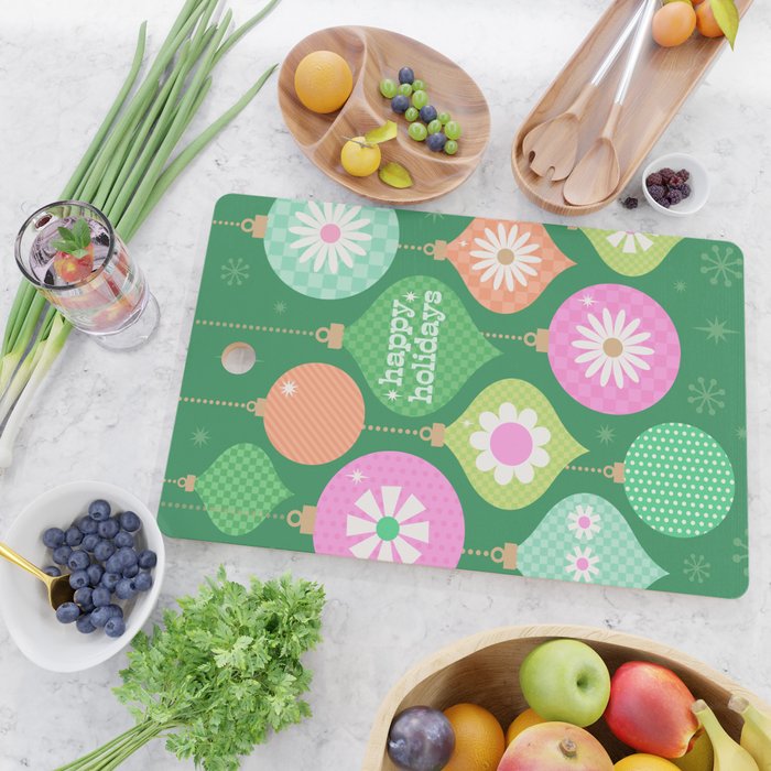 Happy Holidays Retro Ornaments - Multi-Pink on Green Cutting Board Gallery Image 2
