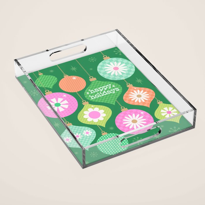 Happy Holidays Retro Ornaments - Multi-Pink on Green Acrylic Tray Gallery Image 1