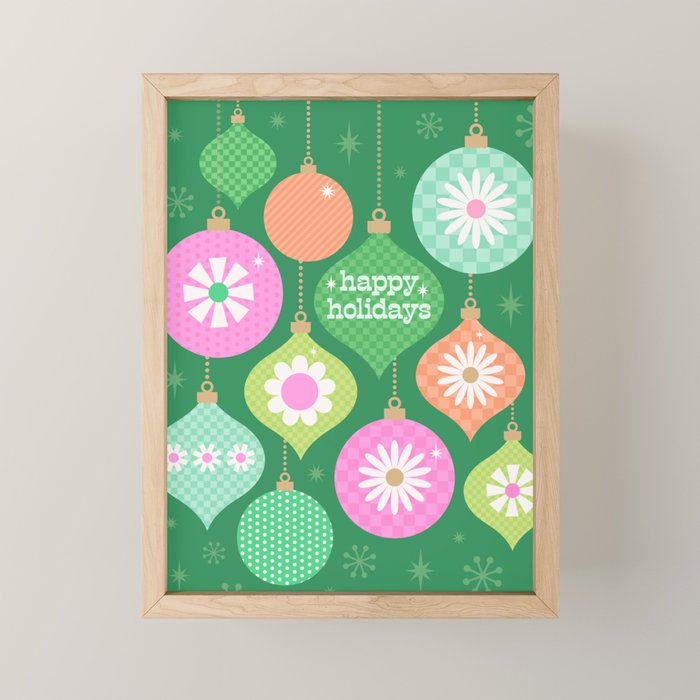Happy Holidays Retro Ornaments - Multi-Pink on Green Mini Art Print Gallery Image 1