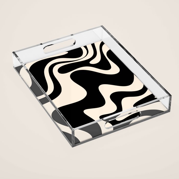Retro Liquid Swirl Abstract in Black and Almond Cream 2 Acrylic Tray Gallery Image 1