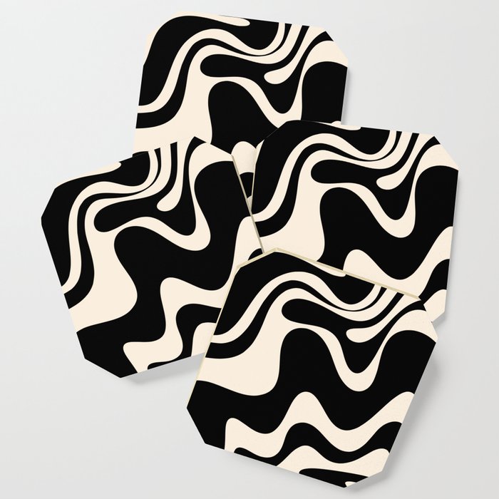 Retro Liquid Swirl Abstract in Black and Almond Cream 2 Coaster Gallery Image 1