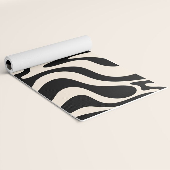 Retro Liquid Swirl Abstract in Black and Almond Cream 2 Yoga Mat Gallery Image 2