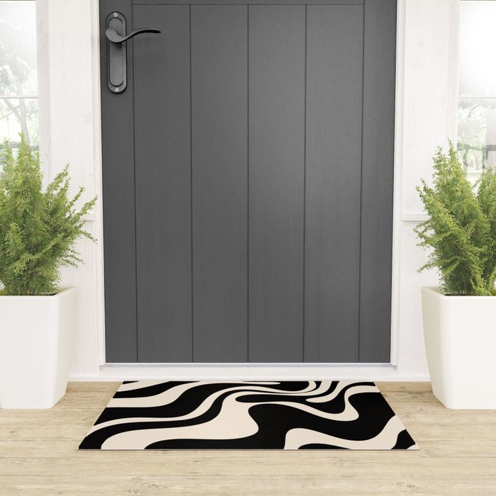 Retro Liquid Swirl Abstract in Black and Almond Cream 2 Welcome Mat Gallery Image 3