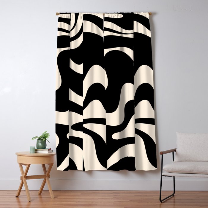 Retro Liquid Swirl Abstract in Black and Almond Cream 2 Window Curtain Gallery Image 1