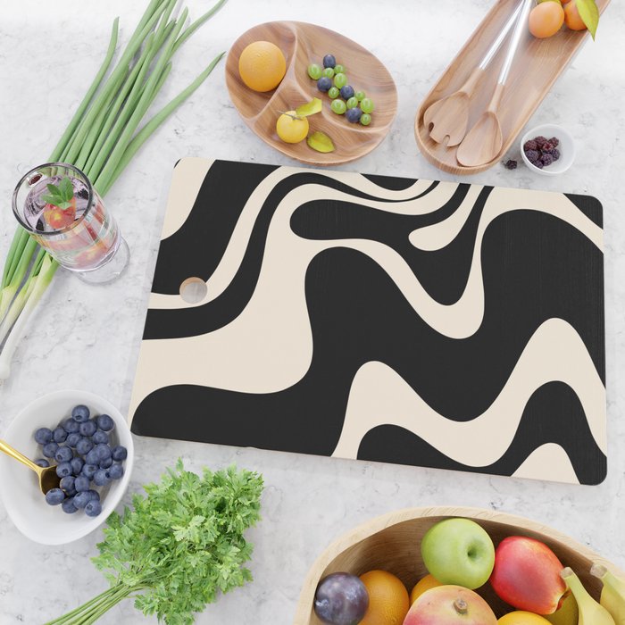 Retro Liquid Swirl Abstract in Black and Almond Cream 2 Cutting Board Gallery Image 2