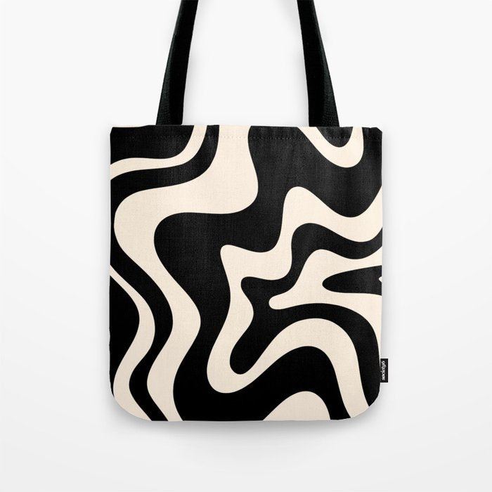 Retro Liquid Swirl Abstract in Black and Almond Cream 2 Tote Bag Gallery Image 1