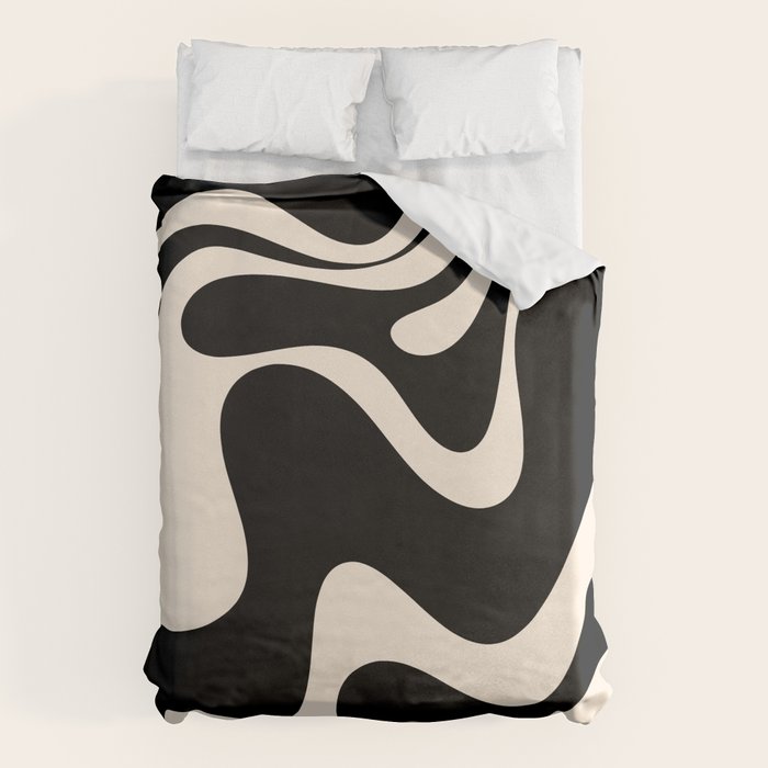 Retro Liquid Swirl Abstract in Black and Almond Cream 2 Duvet Cover Gallery Image 1