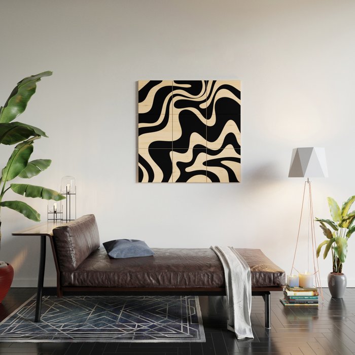 Retro Liquid Swirl Abstract in Black and Almond Cream 2 Wood Wall Art Gallery Image 2