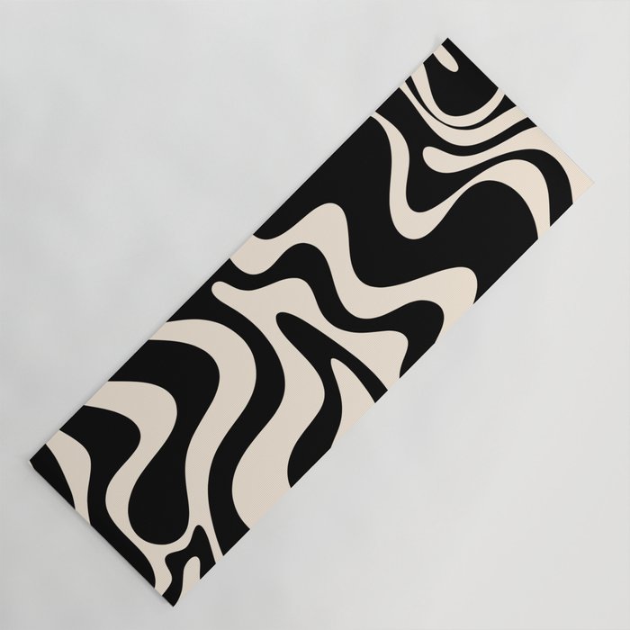 Retro Liquid Swirl Abstract in Black and Almond Cream 2 Yoga Mat Gallery Image 1