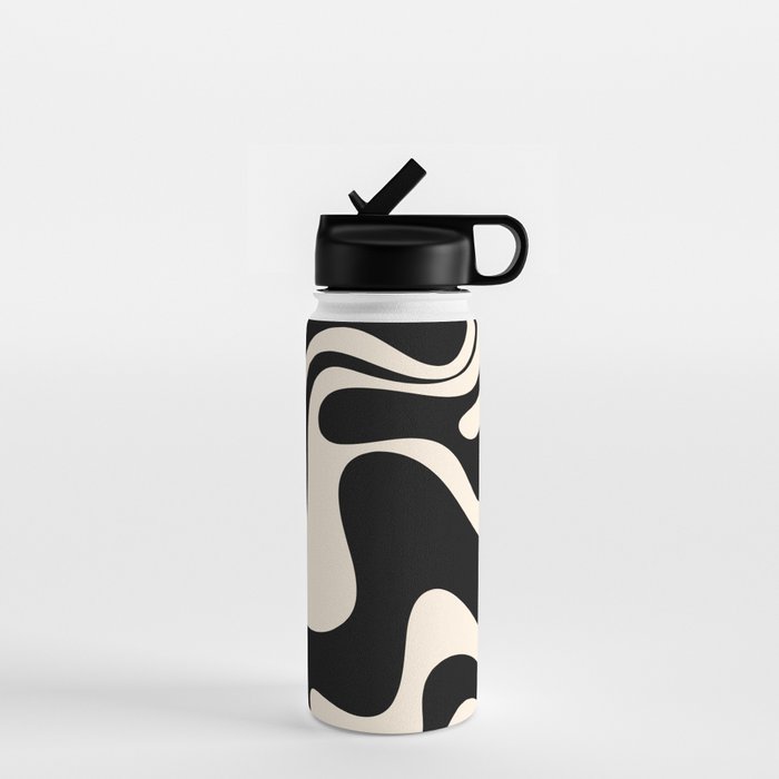 Retro Liquid Swirl Abstract in Black and Almond Cream 2 Water Bottle Gallery Image 1