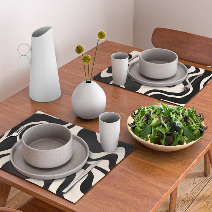 Retro Liquid Swirl Abstract in Black and Almond Cream 2 Placemat Gallery Image 2