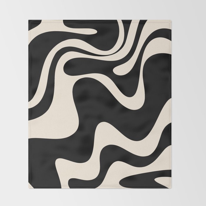Retro Liquid Swirl Abstract in Black and Almond Cream 2 Throw Blanket Gallery Image 2