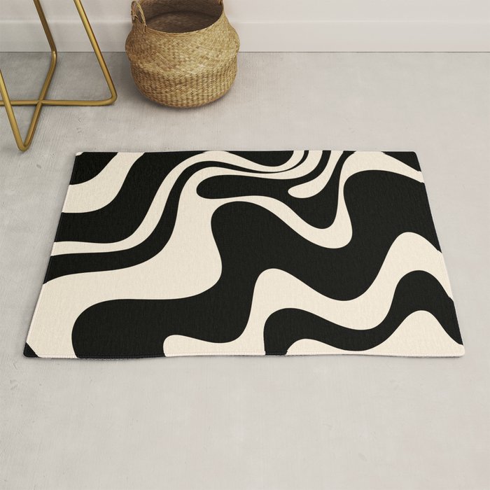 Retro Liquid Swirl Abstract in Black and Almond Cream 2 Rug Gallery Image 1
