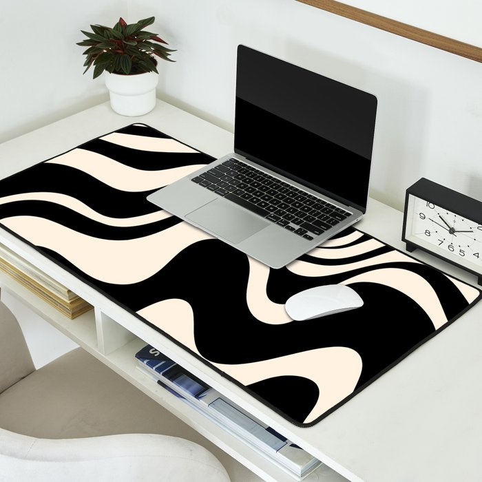 Retro Liquid Swirl Abstract in Black and Almond Cream 2 Desk Mat Gallery Image 2