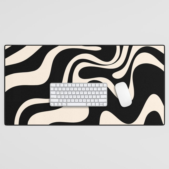 Retro Liquid Swirl Abstract in Black and Almond Cream 2 Desk Mat Gallery Image 1