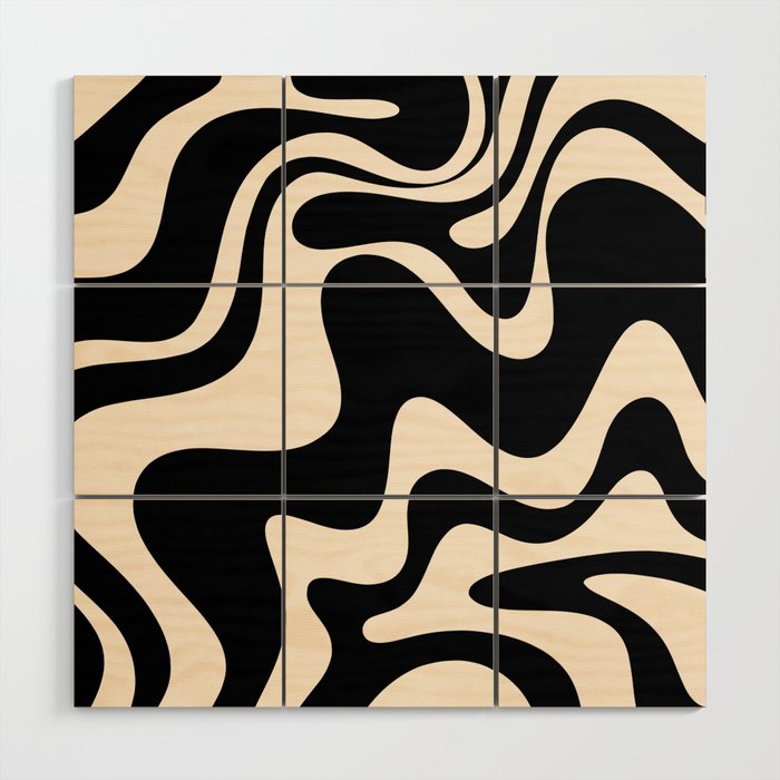 Retro Liquid Swirl Abstract in Black and Almond Cream 2 Wood Wall Art Gallery Image 1