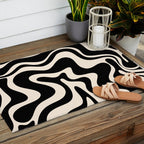 Retro Liquid Swirl Abstract in Black and Almond Cream 2 Outdoor Rug Gallery Image 2