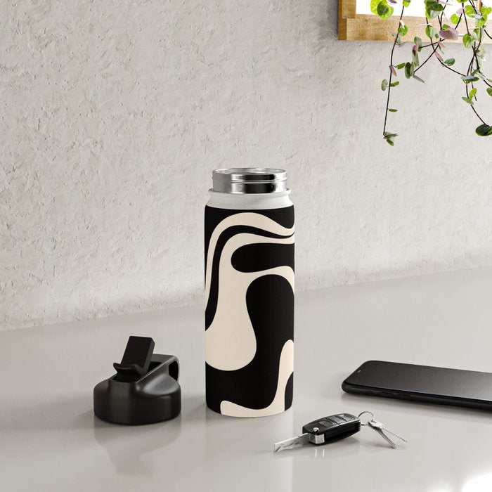 Retro Liquid Swirl Abstract in Black and Almond Cream 2 Water Bottle Gallery Image 4