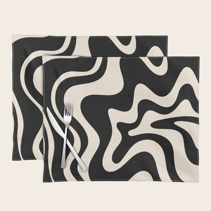 Retro Liquid Swirl Abstract in Black and Almond Cream 2 Placemat Gallery Image 1