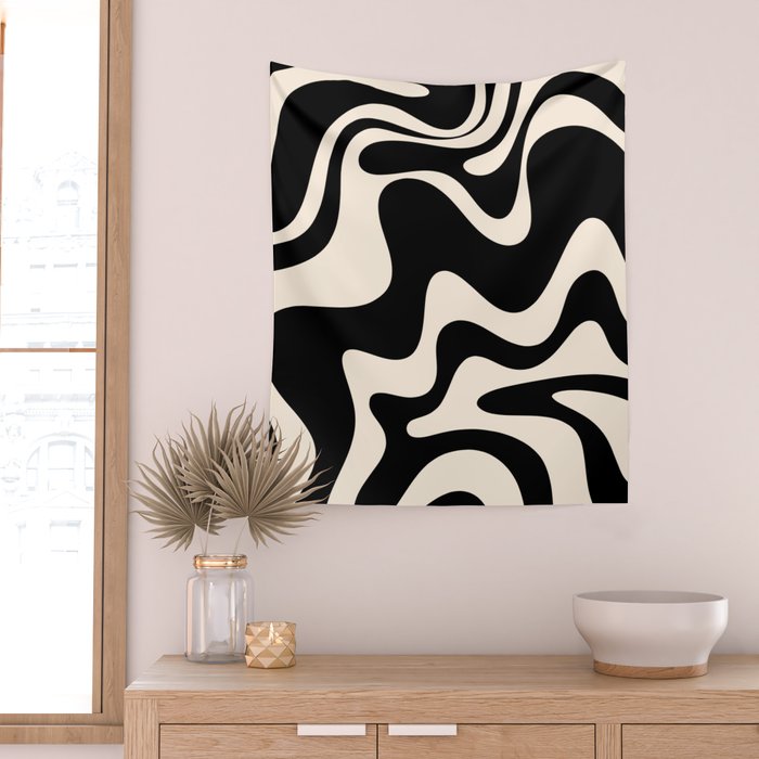 Retro Liquid Swirl Abstract in Black and Almond Cream 2 Wall Tapestry Gallery Image 2