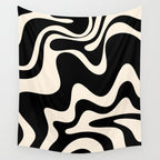 Retro Liquid Swirl Abstract in Black and Almond Cream 2 Wall Tapestry Gallery Image 4