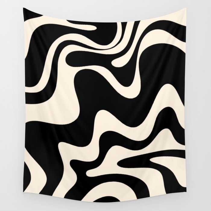 Retro Liquid Swirl Abstract in Black and Almond Cream 2 Wall Tapestry Gallery Image 4