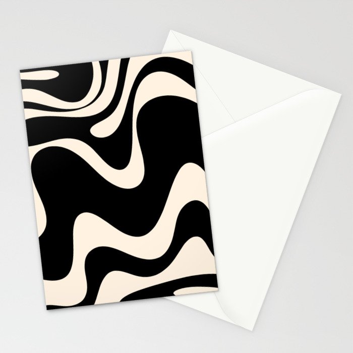 Retro Liquid Swirl Abstract in Black and Almond Cream 2 Stationery Card Gallery Image 2