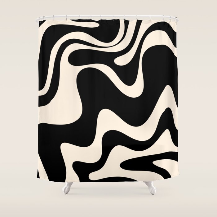 Retro Liquid Swirl Abstract in Black and Almond Cream 2 Shower Curtain Gallery Image 1