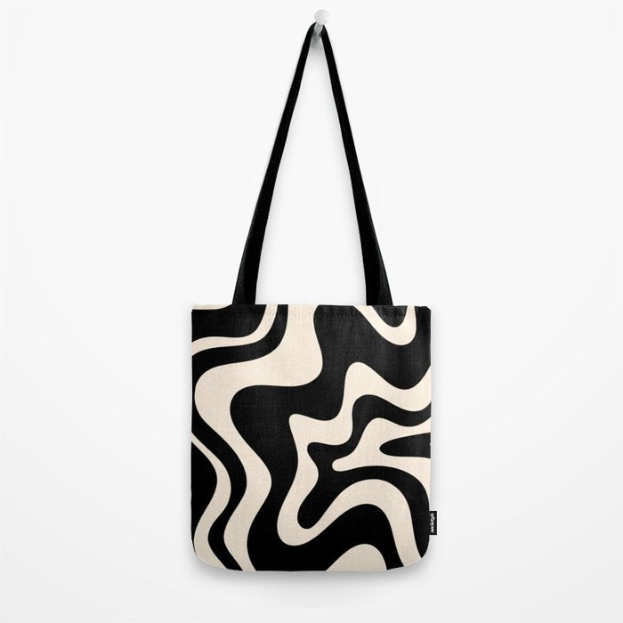 Retro Liquid Swirl Abstract in Black and Almond Cream 2 Tote Bag Gallery Image 2