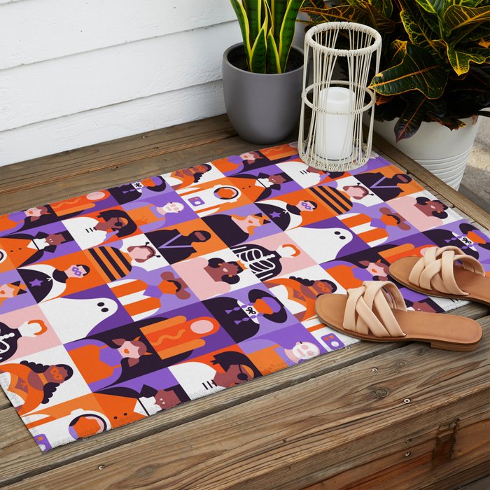 Diverse people in halloween costume pattern Outdoor Rug Gallery Image 2