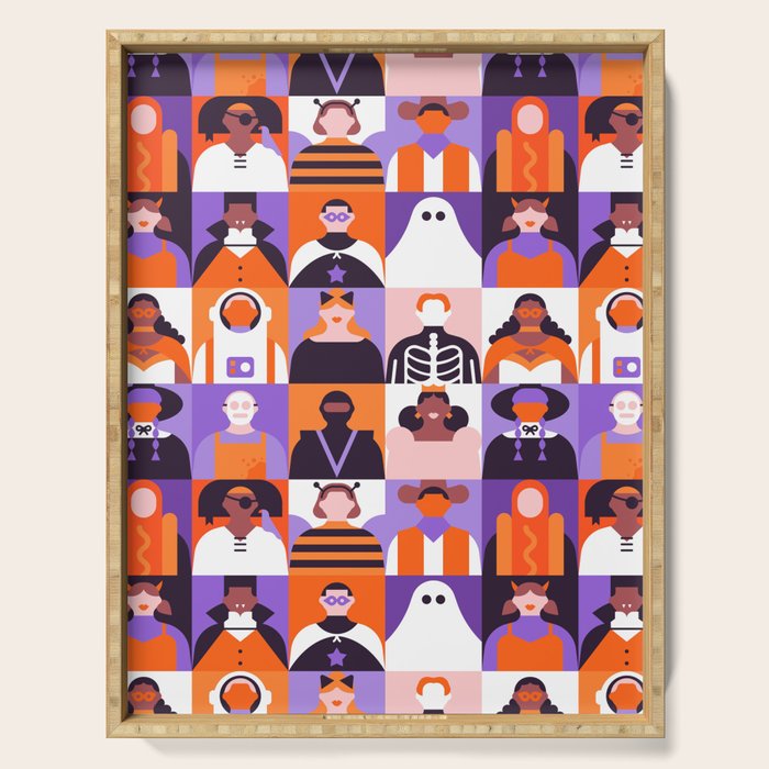 Diverse people in halloween costume pattern Serving Tray Gallery Image 1