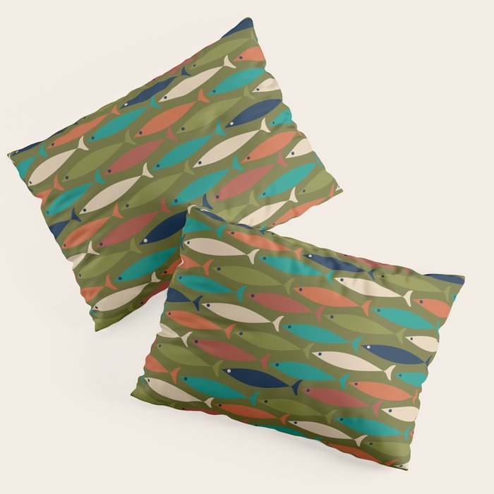 Mid-century Modern Fish in a Green Sea Pattern  Pillow Sham Gallery Image 1