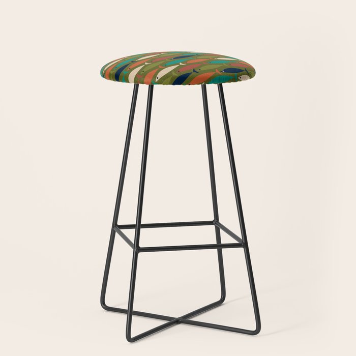 Mid-century Modern Fish in a Green Sea Pattern  Stool Gallery Image 1