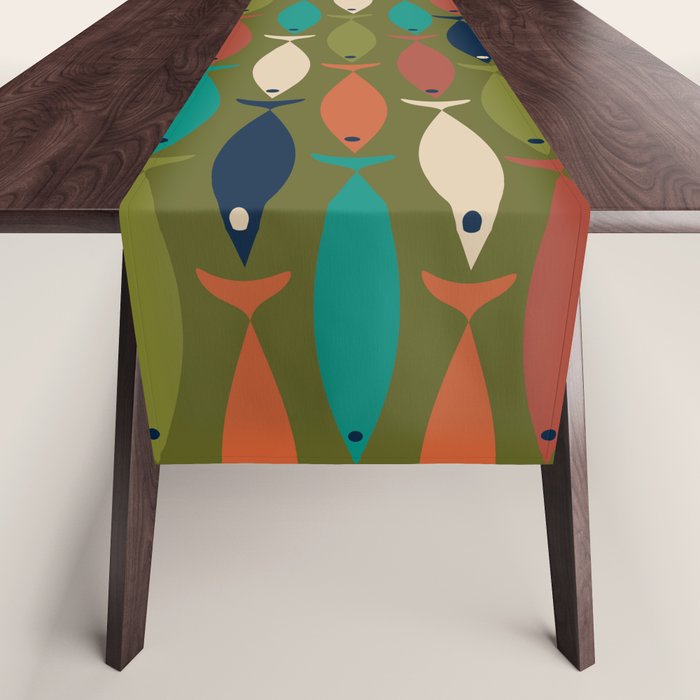 Mid-century Modern Fish in a Green Sea Pattern  Table Runner Gallery Image 1