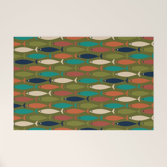 Mid-century Modern Fish in a Green Sea Pattern  Welcome Mat Gallery Image 1