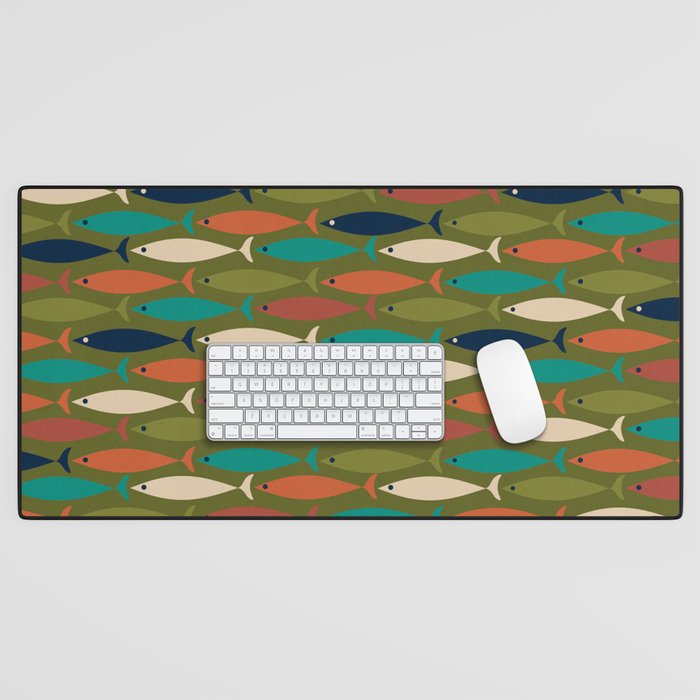Mid-century Modern Fish in a Green Sea Pattern  Desk Mat Gallery Image 1