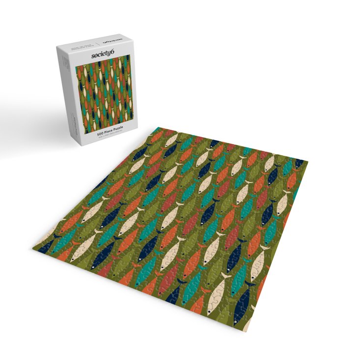 Mid-century Modern Fish in a Green Sea Pattern  Jigsaw Puzzle Gallery Image 2