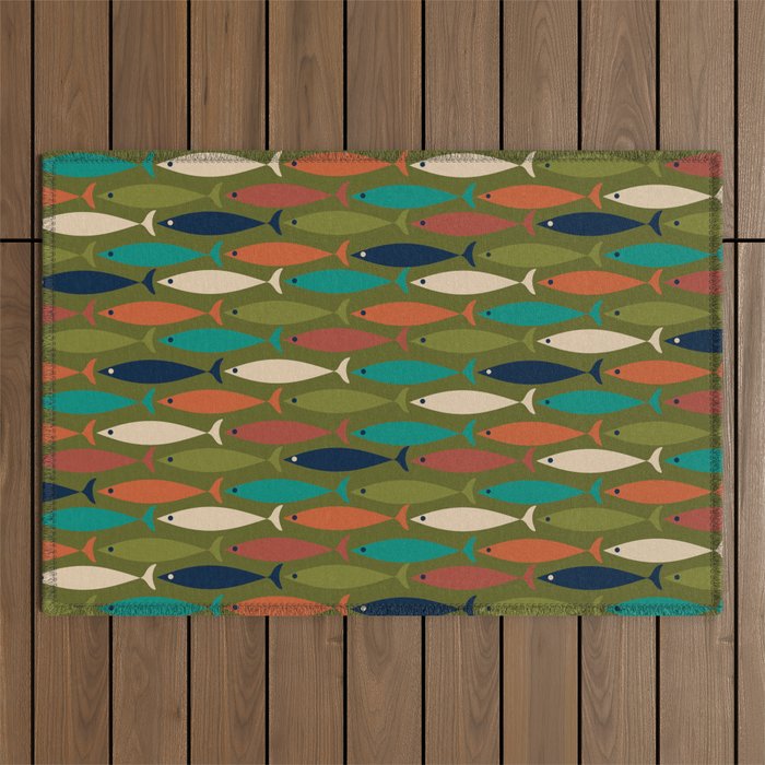 Mid-century Modern Fish in a Green Sea Pattern  Outdoor Rug Gallery Image 1