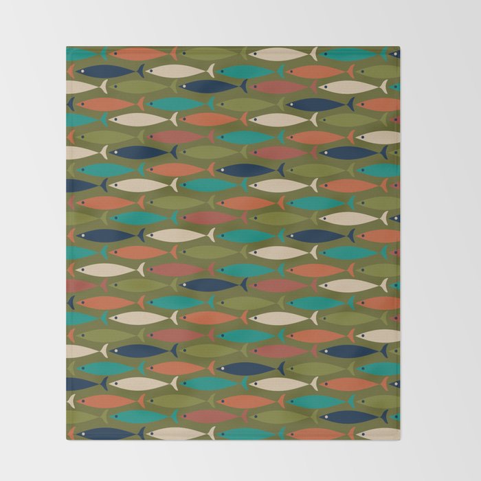 Mid-century Modern Fish in a Green Sea Pattern  Throw Blanket Gallery Image 2