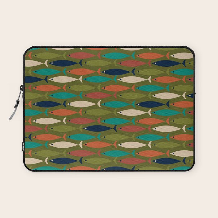 Mid-century Modern Fish in a Green Sea Pattern  Laptop Sleeve Gallery Image 1