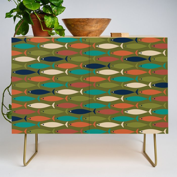 Mid-century Modern Fish in a Green Sea Pattern  Credenza Gallery Image 1
