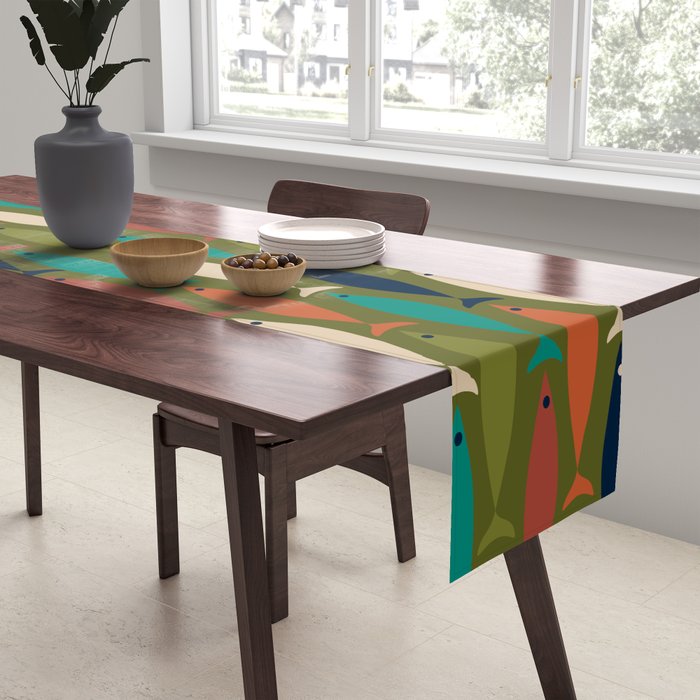 Mid-century Modern Fish in a Green Sea Pattern  Table Runner Gallery Image 2