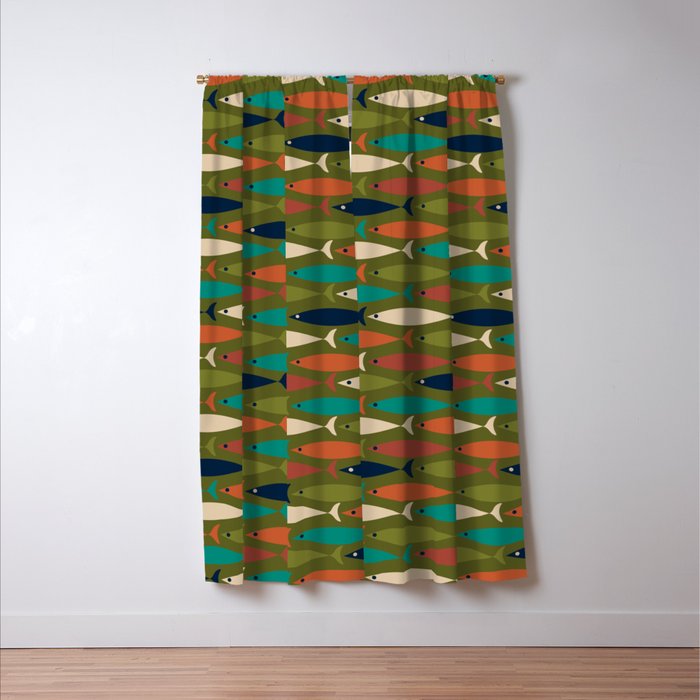 Mid-century Modern Fish in a Green Sea Pattern  Window Curtain Gallery Image 3
