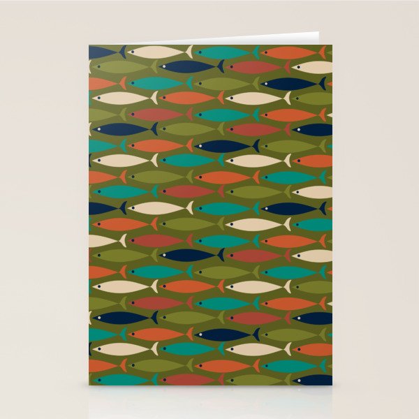 Mid-century Modern Fish in a Green Sea Pattern  Stationery Card Gallery Image 1
